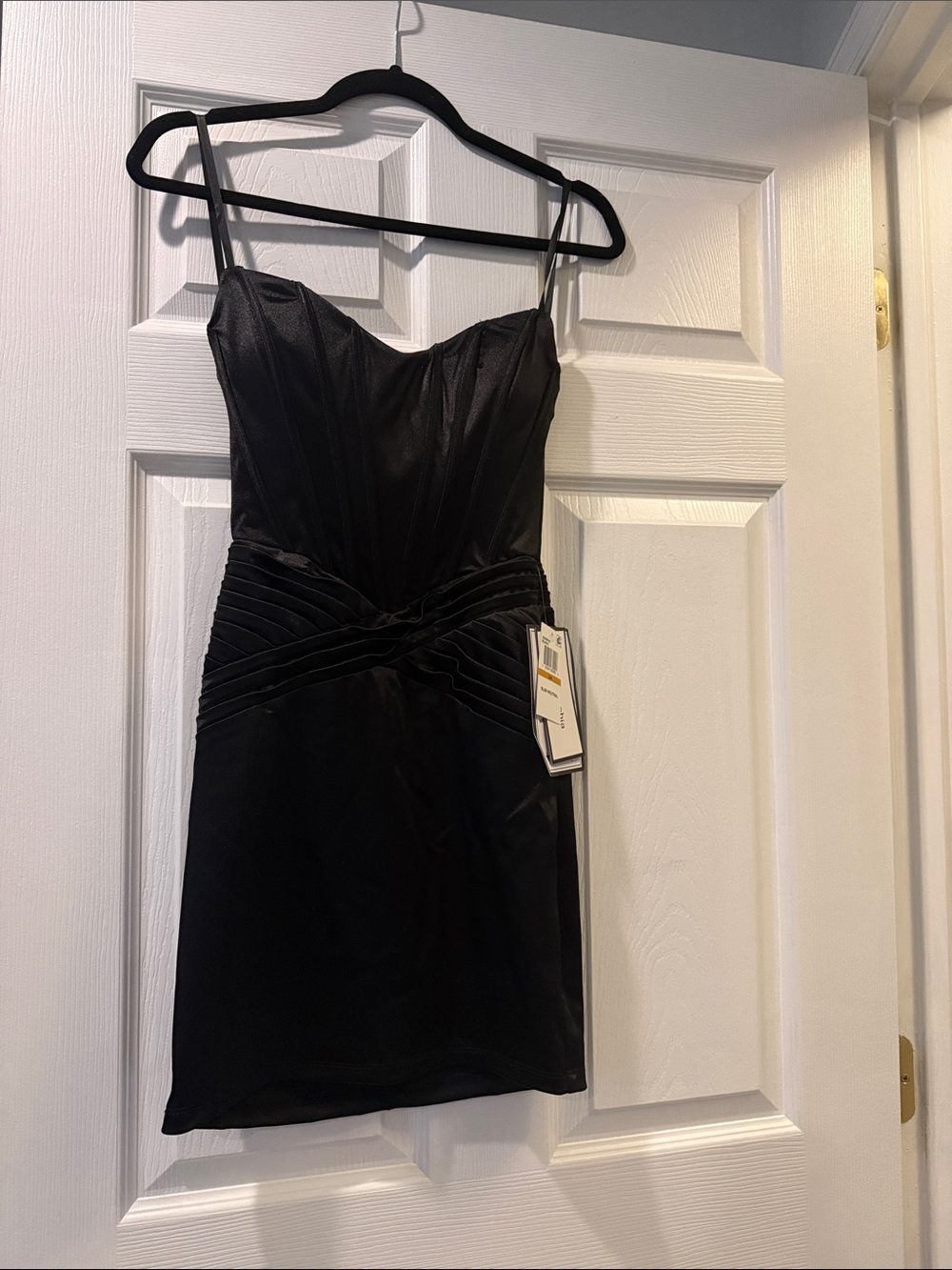 Macy's Black Satin Mini Dress with Ruched Waist